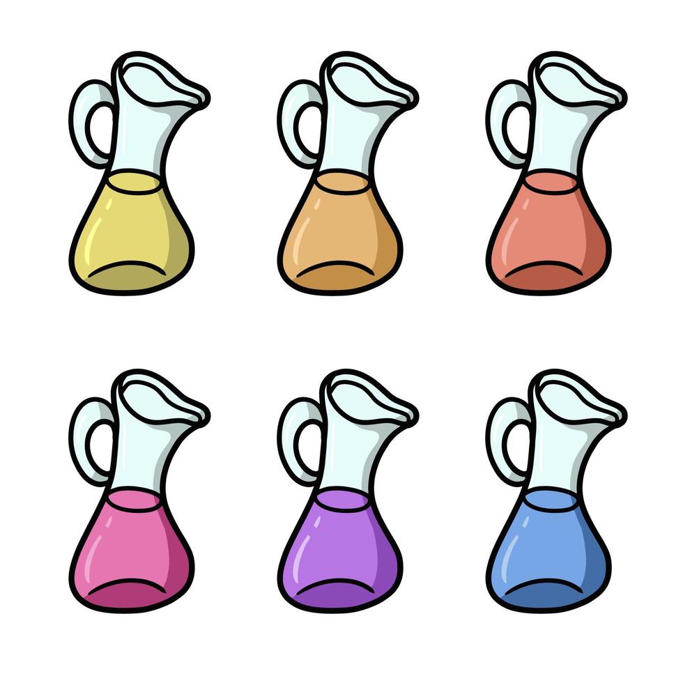 A tall glass jug with various drinks and juices. Vector illustration in cartoon style on a white background