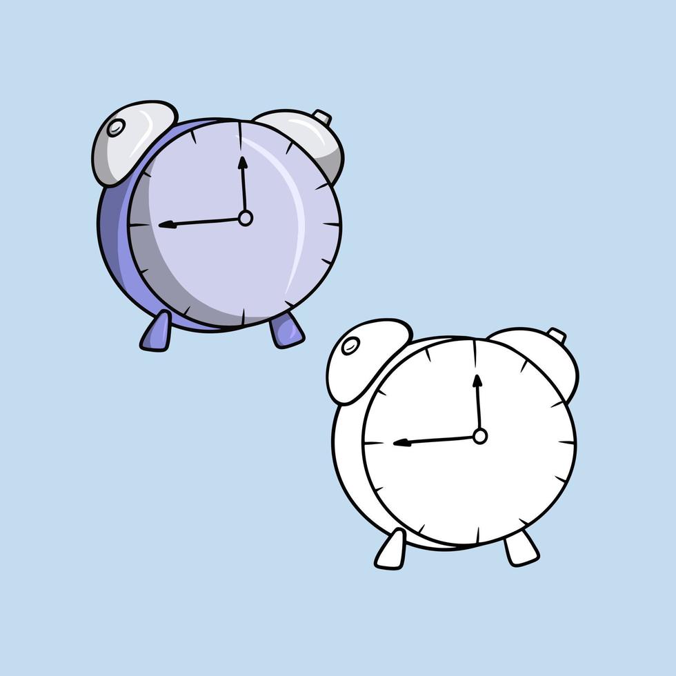A set of images, a round lilac alarm clock, a vector illustration in cartoon style on a colored background