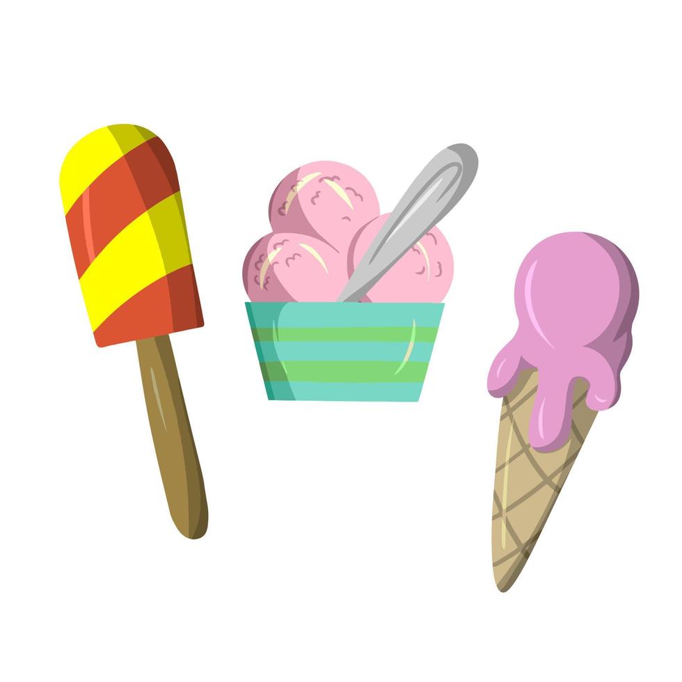 un conjunto de íconos, un postre frío en un palo, una variedad de deliciosos helados, una ilustración vectorial en un estilo plano sobre un fondo blanco vector
