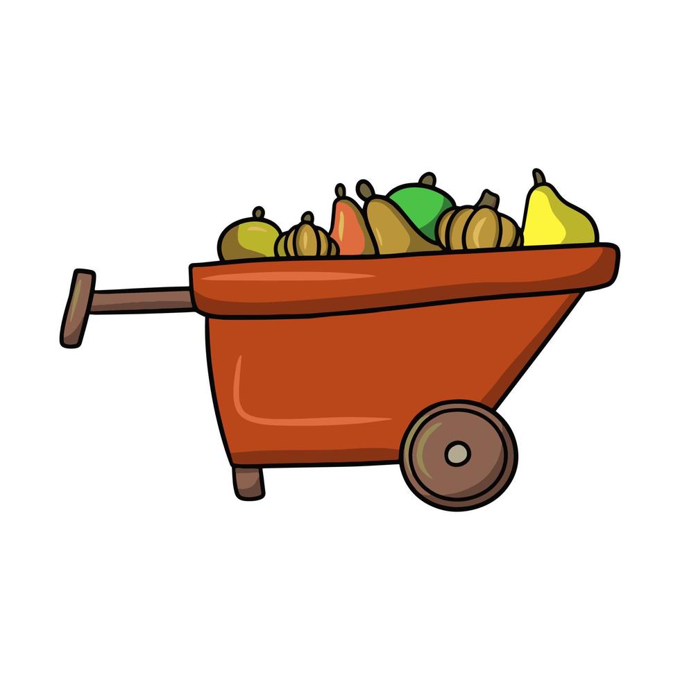 Red cart with different vegetables and fruits, harvesting, vector illustration in cartoon style on a white background