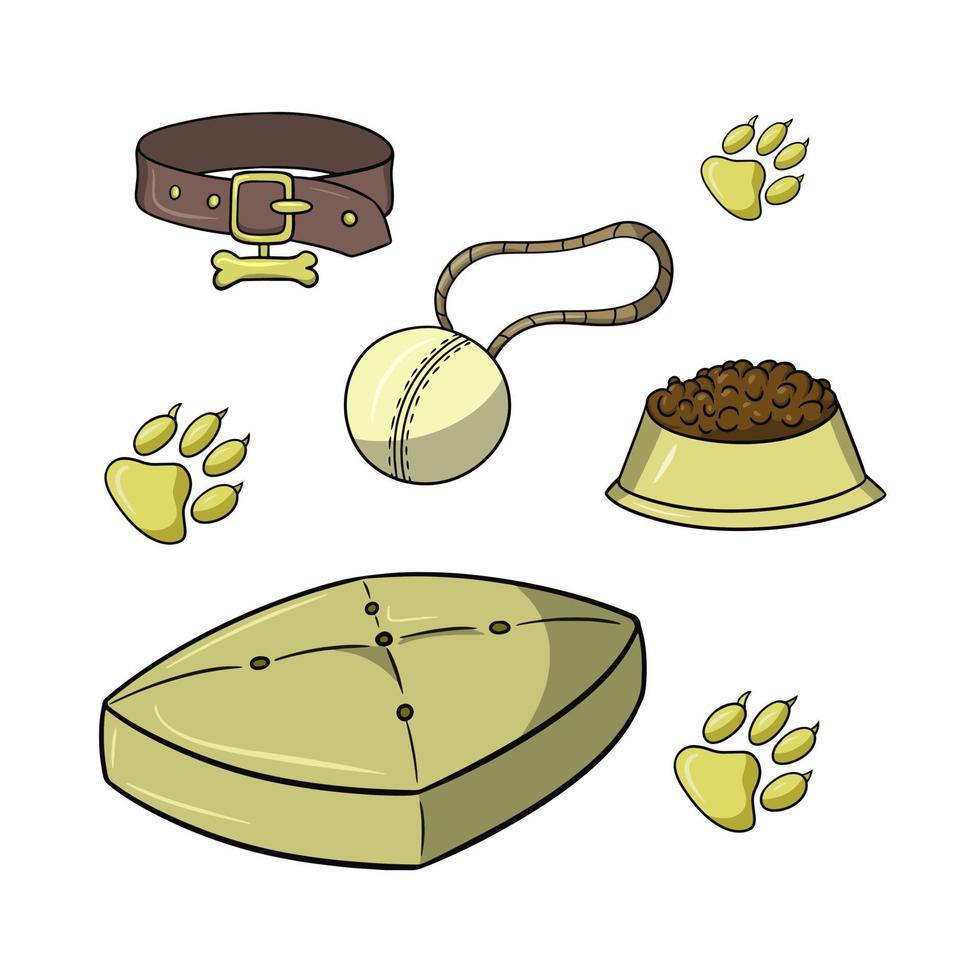 Yellow icon set, dog accessories, cartoon-style vector illustration on a white background