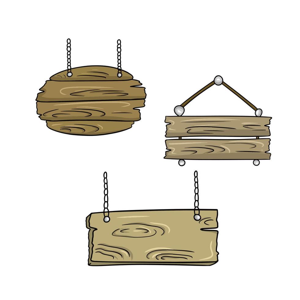 A set of icons, various brown wooden signs on a chain, a stand for advertising, a vector illustration in cartoon style on a white background