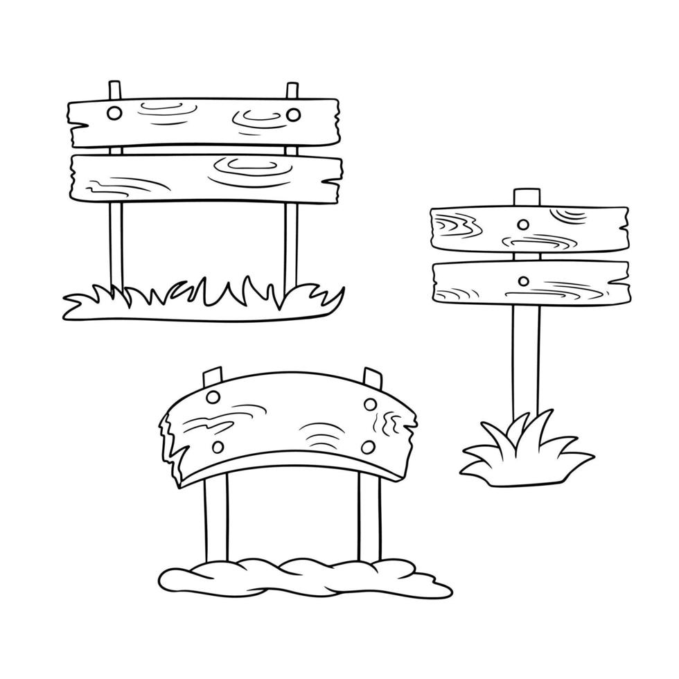 conjunto monocromático de imágenes, varios carteles antiguos de madera en un poste, ilustración vectorial en estilo de dibujos animados sobre un fondo blanco vector