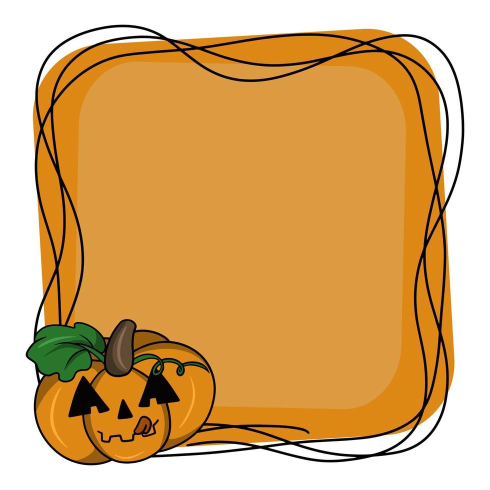 Pumpkin shows tongue, bright square Halloween frame, copy space, cartoon-style vector illustration