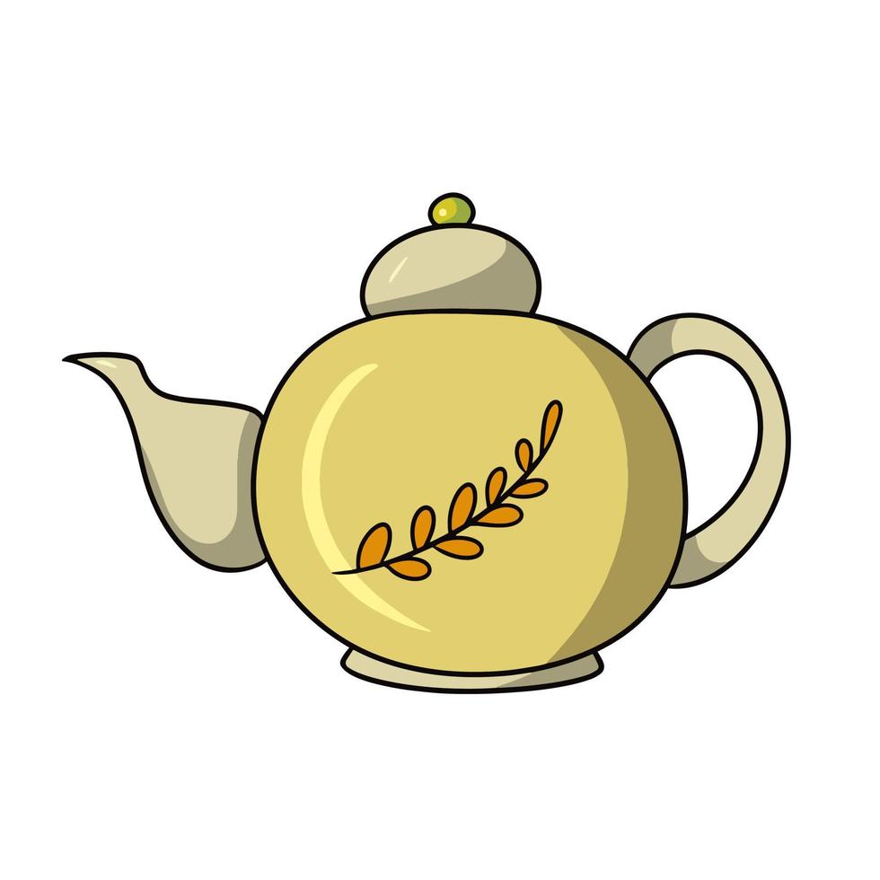 Round yellow teapot for brewing tea with autumn pattern, vector illustration in cartoon style on a white background