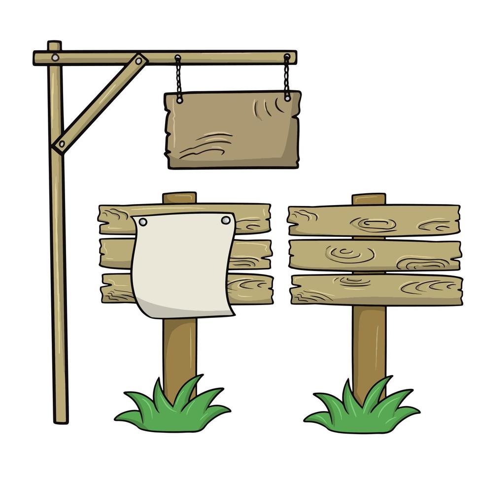 Collection of bulletin boards, various old brown wooden signs on a pole, vector illustration in cartoon style on a white background