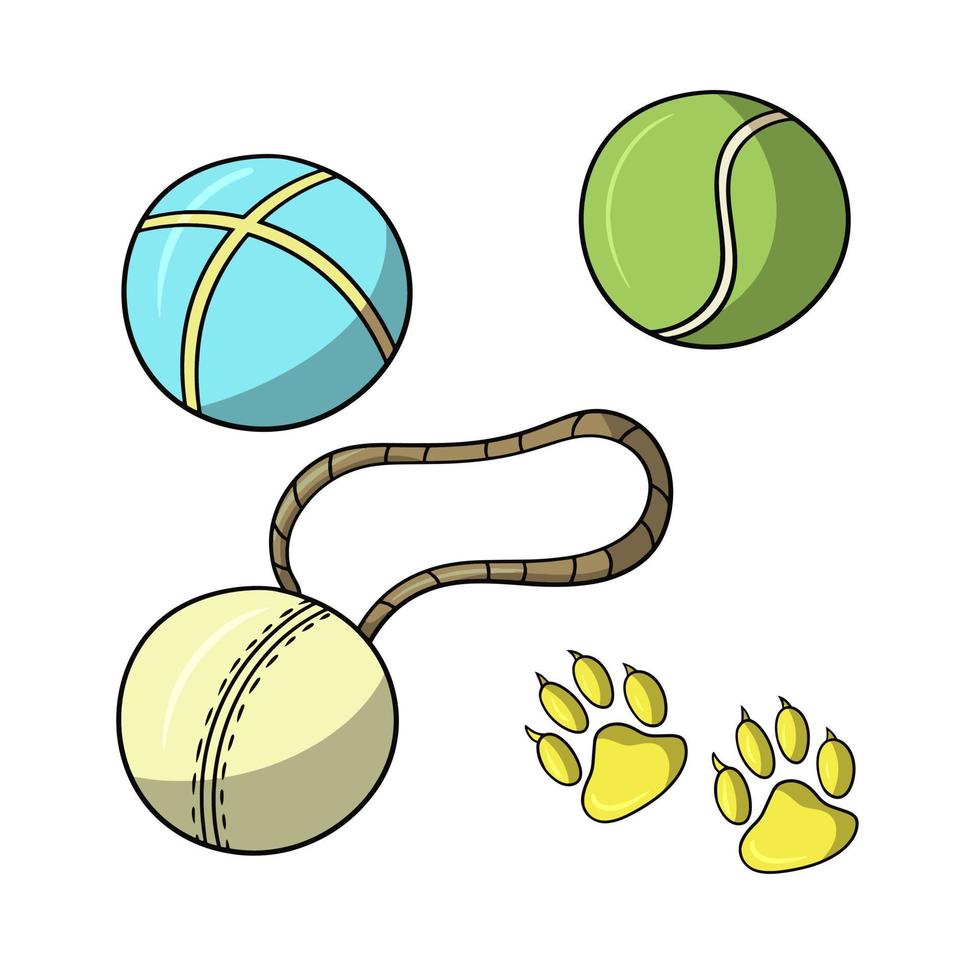 un conjunto de iconos y pegatinas, juguetes de goma para perros, una pelota en una cuerda, una ilustración vectorial en estilo de dibujos animados sobre un fondo blanco. vector