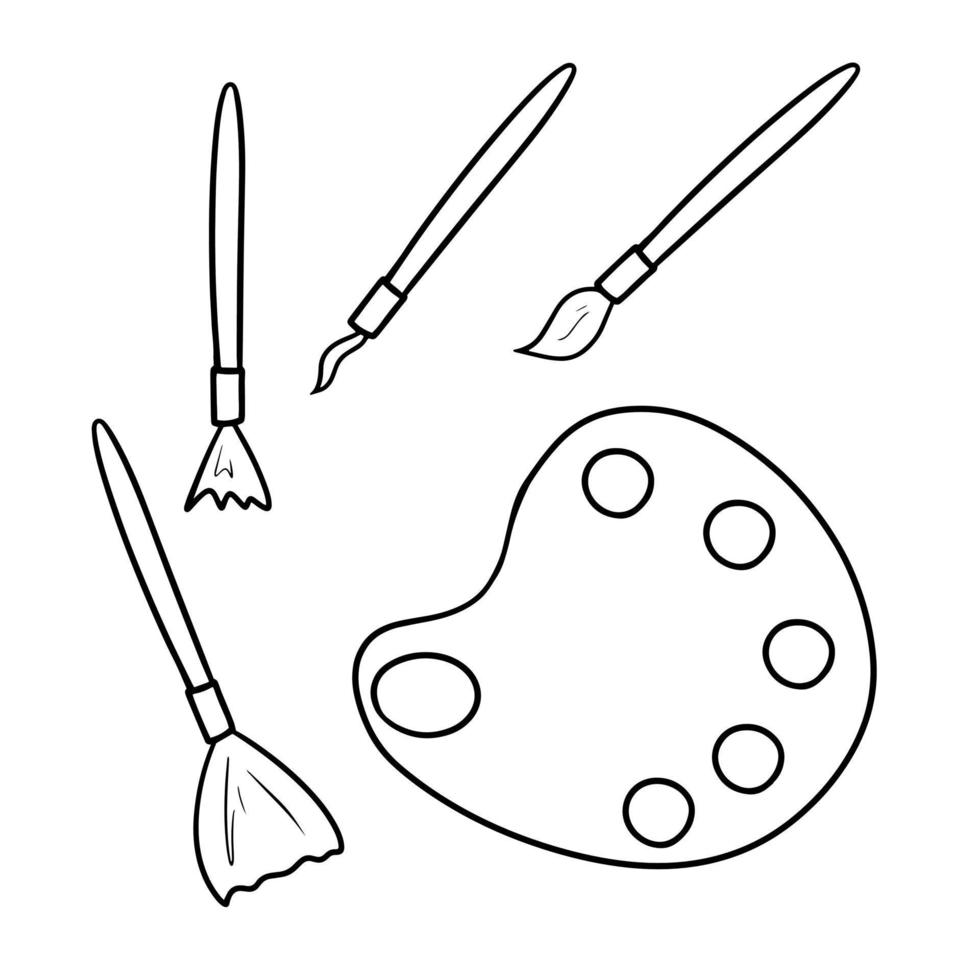 Monochrome picture, School set of various drawing brushes and oval palette, vector illustration in cartoon style