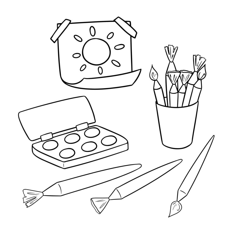 Monochrome picture, set of pictures, brushes, drawing and a box of watercolor paints, drawing tools, vector cartoon illustration on a white background