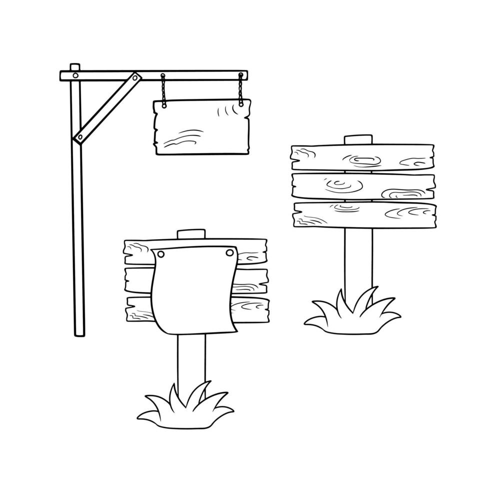 conjunto monocromático de iconos, tablones de anuncios, viejos carteles de madera en un poste, ilustración vectorial en estilo de dibujos animados sobre un fondo blanco vector