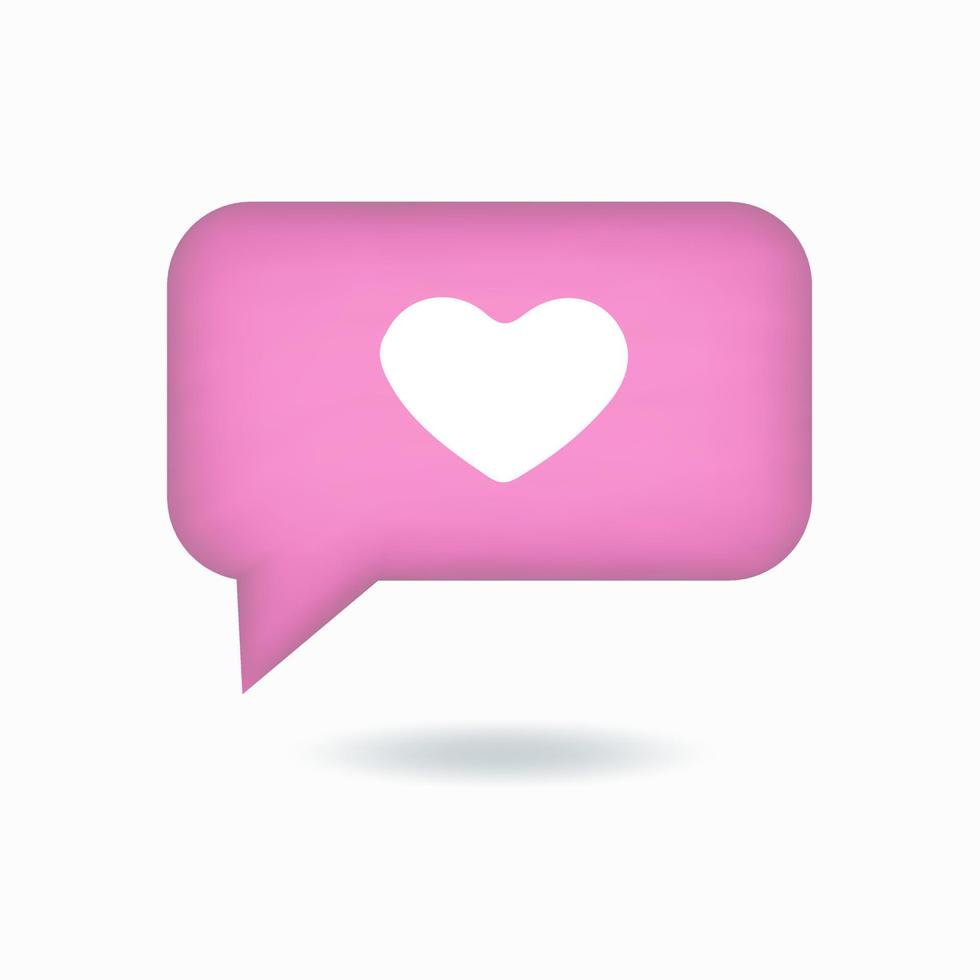 Vector illustration. 3d like icon with heart, social media notification, speech bubble. Rectangular  pink Button isolated on white background.