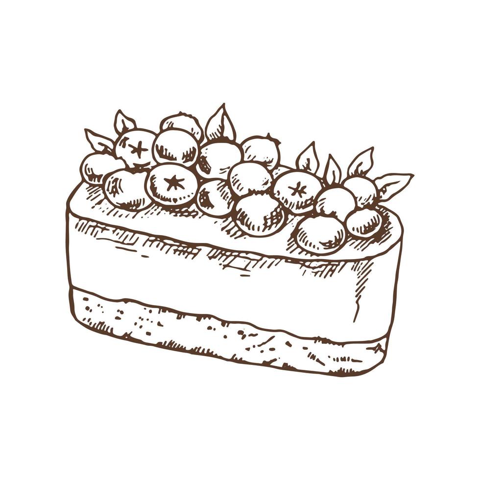 Tasty Creamy Sweet Dessert. Vintage Vector Monochrome Illustration. Hand drawn sketch of Delicious Cake With  blueberries.  Design Gastronomy Product element.