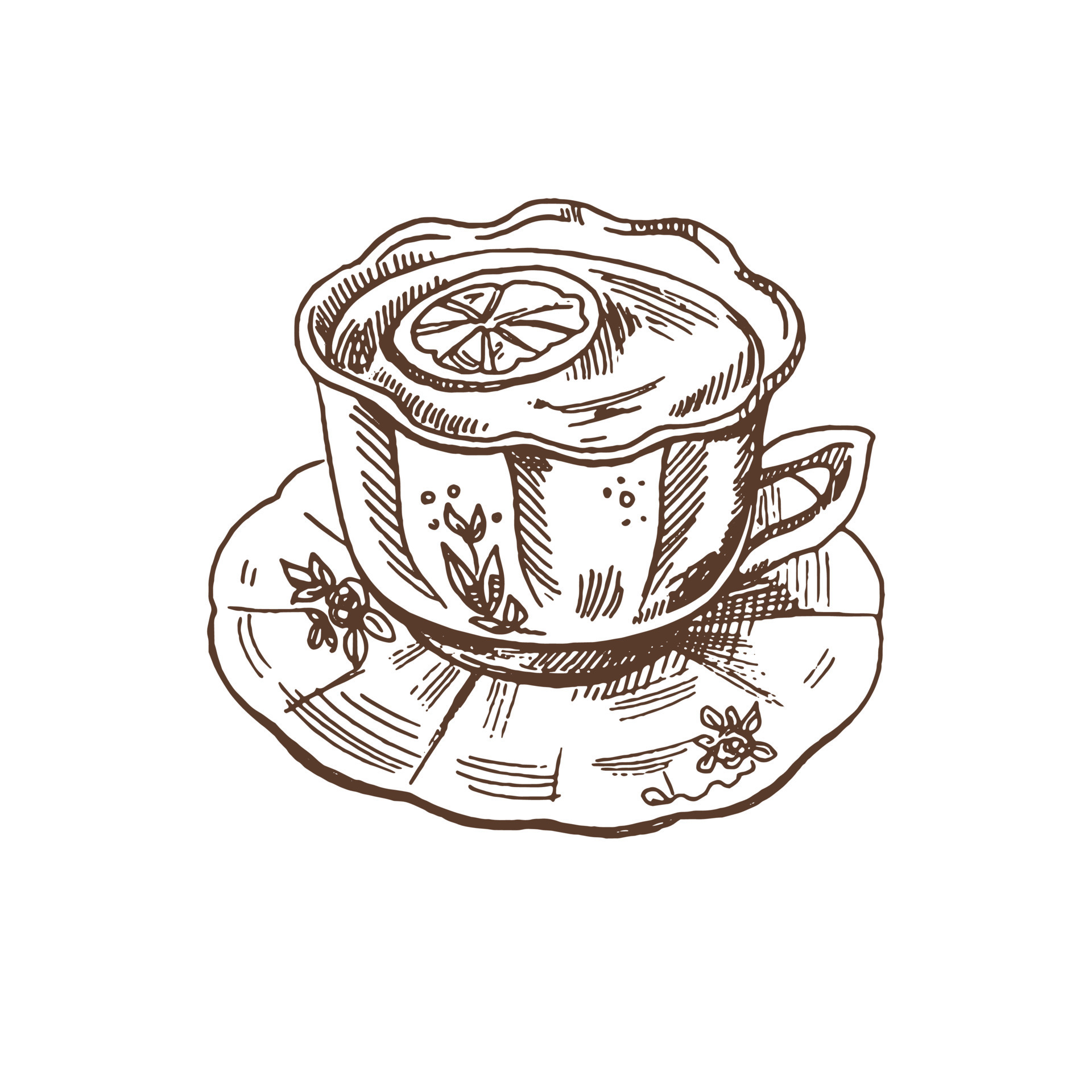 Hand Drawn Sketch Of Tea Cup Of Tea With Lemon Isolated On White hand-drawn-sketch-of-tea-cup-of-tea-with-lemon-isolated-on-white