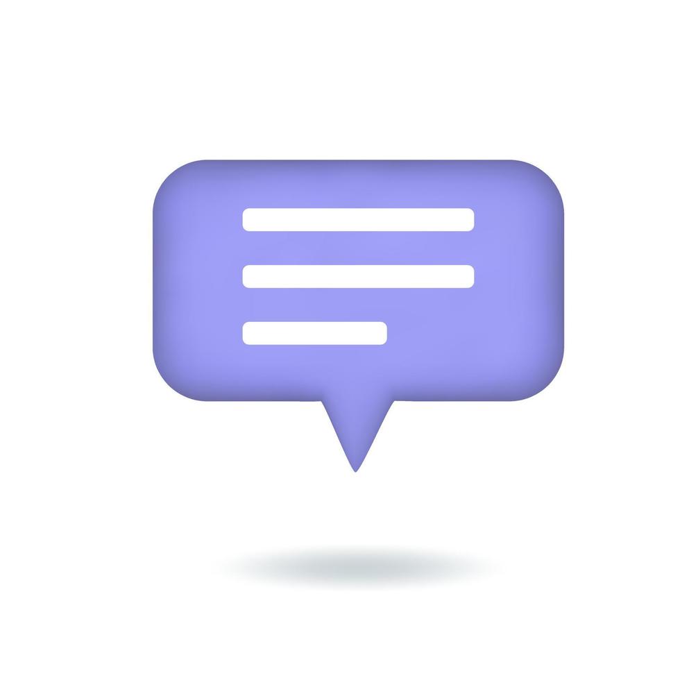 Vector illustration. 3d chat icon, comment, speech bubble with three lines. Rectangular button isolated on white background.