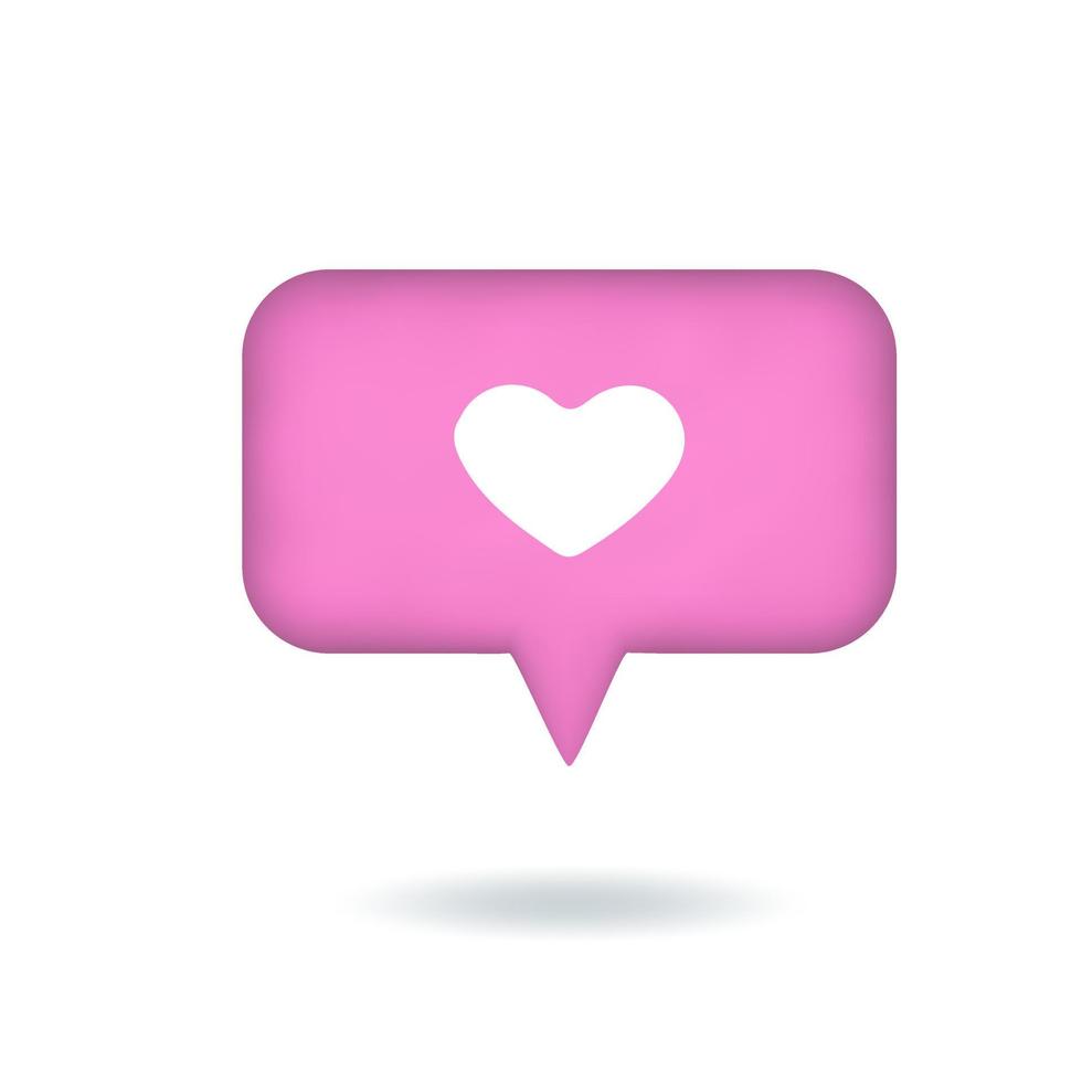 ilustración vectorial 3d como icono con corazón, notificación de redes sociales, burbuja de voz. botón rosa rectangular aislado sobre fondo blanco. vector