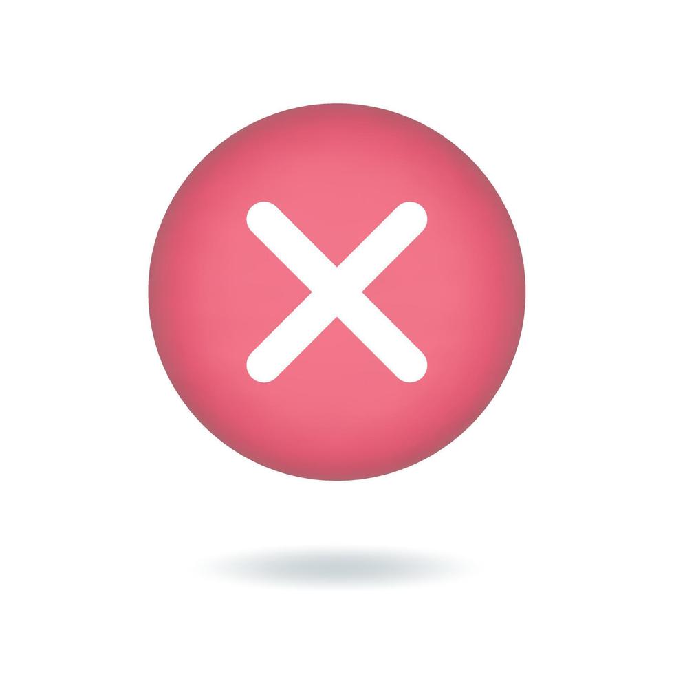 Vector illustration. Cancel 3d cross mark icon,  decline or  egative sign, realistic red cross button isolated on white background.