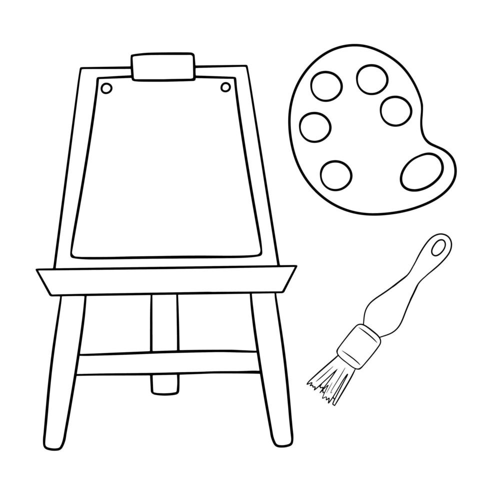 Monochrome icon set, drawing tools, wooden easel with paints and