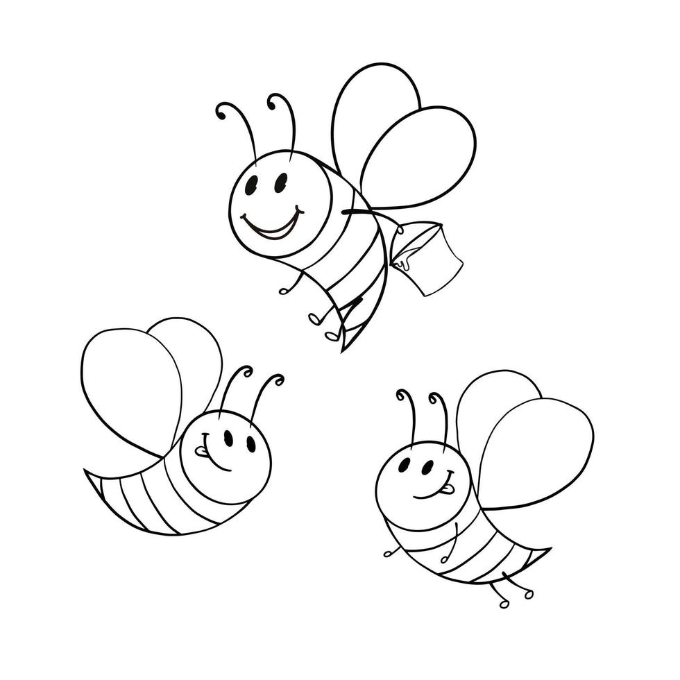 Monochrome picture, bees smiling, collecting honey, carrying a bucket of honey, vector illustration in cartoon style on a white background