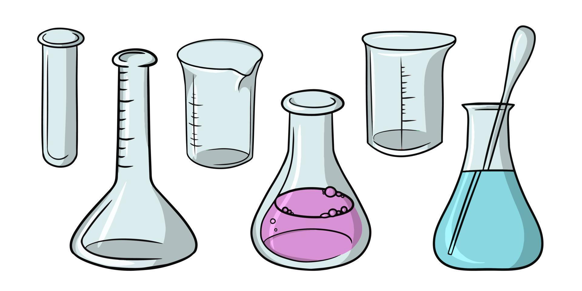 un conjunto de varios frascos de vidrio vacíos y con una solución para experimentos, ilustración de dibujos animados vectoriales en un fondo blanco vector