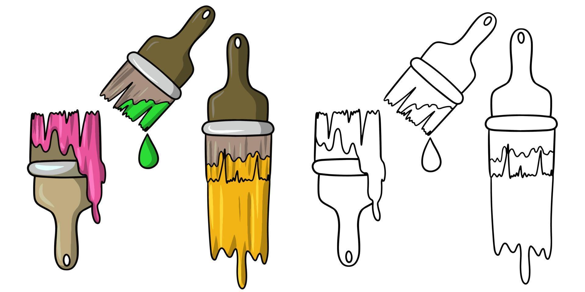 un conjunto de iconos y pegatinas, pinceles anchos de diferentes colores, una herramienta de dibujo, una ilustración vectorial en estilo de dibujos animados sobre un fondo blanco vector