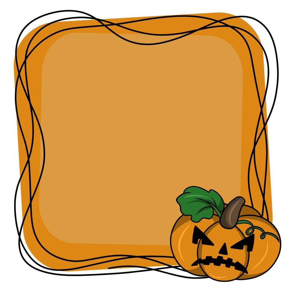 Angry pumpkin, bright square frame from Halloween, copy space, vector illustration in cartoon style