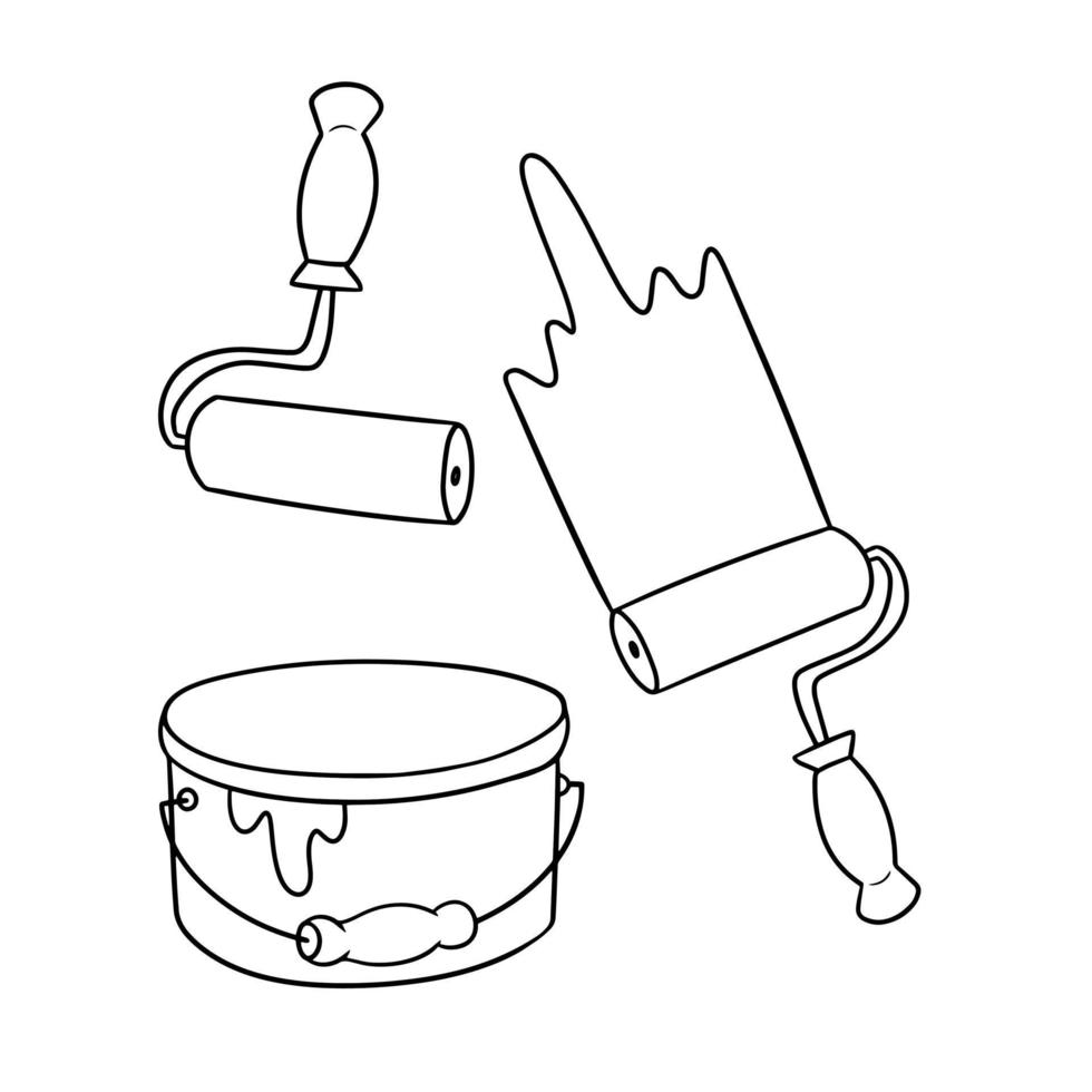 Monochrome picture, different paint rollers with paint, apartment renovation, vector cartoon illustration on a white background