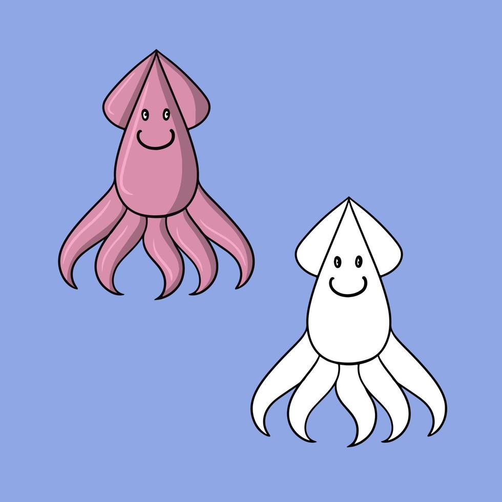 A set of pictures, Cute pink squid, sea life, vector illustration in cartoon style on a colored background