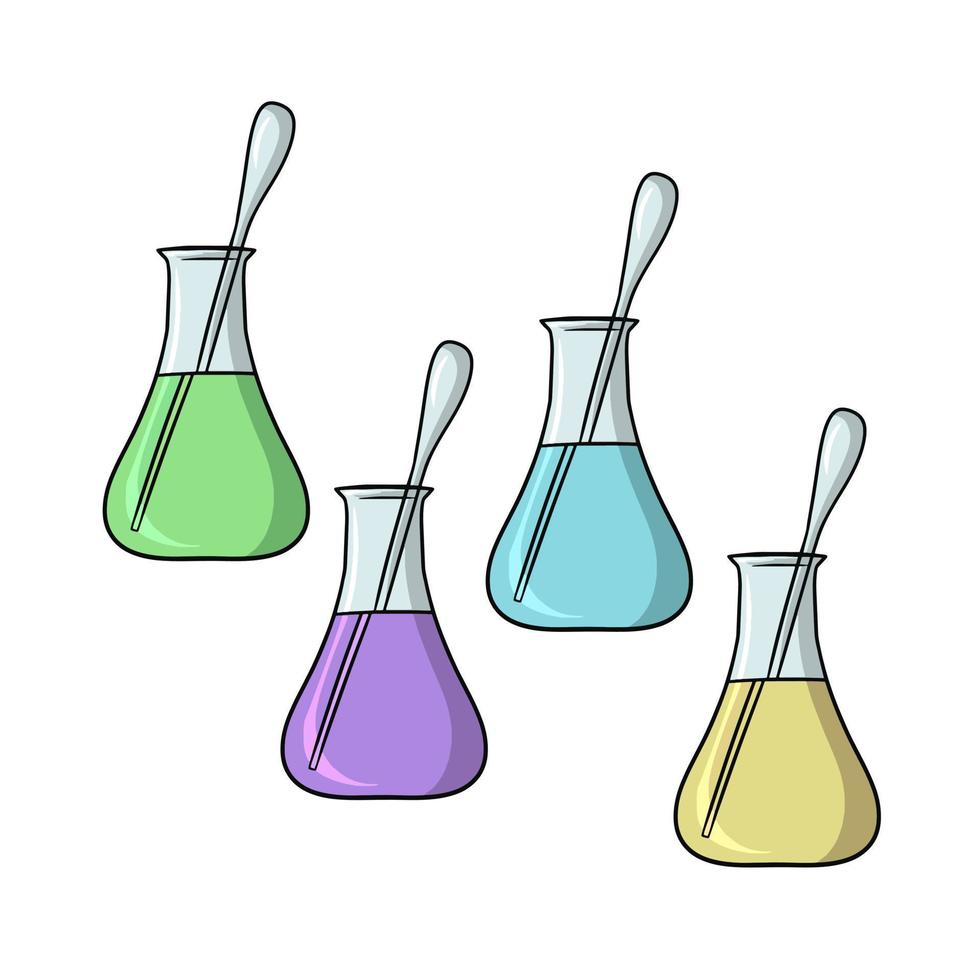 Set of multicolored Triangular glass flask with Solution and Measuring Spoon for Experiments, vector cartoon illustration on white background