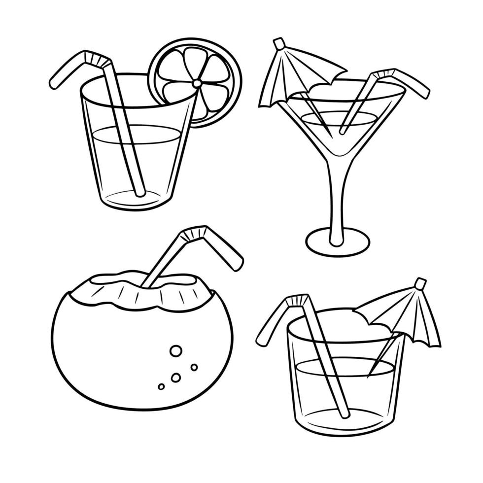 Monochrome picture, Exotic drinks in glass glasses, coconut juice with a straw, vector illustration in cartoon style on a white background