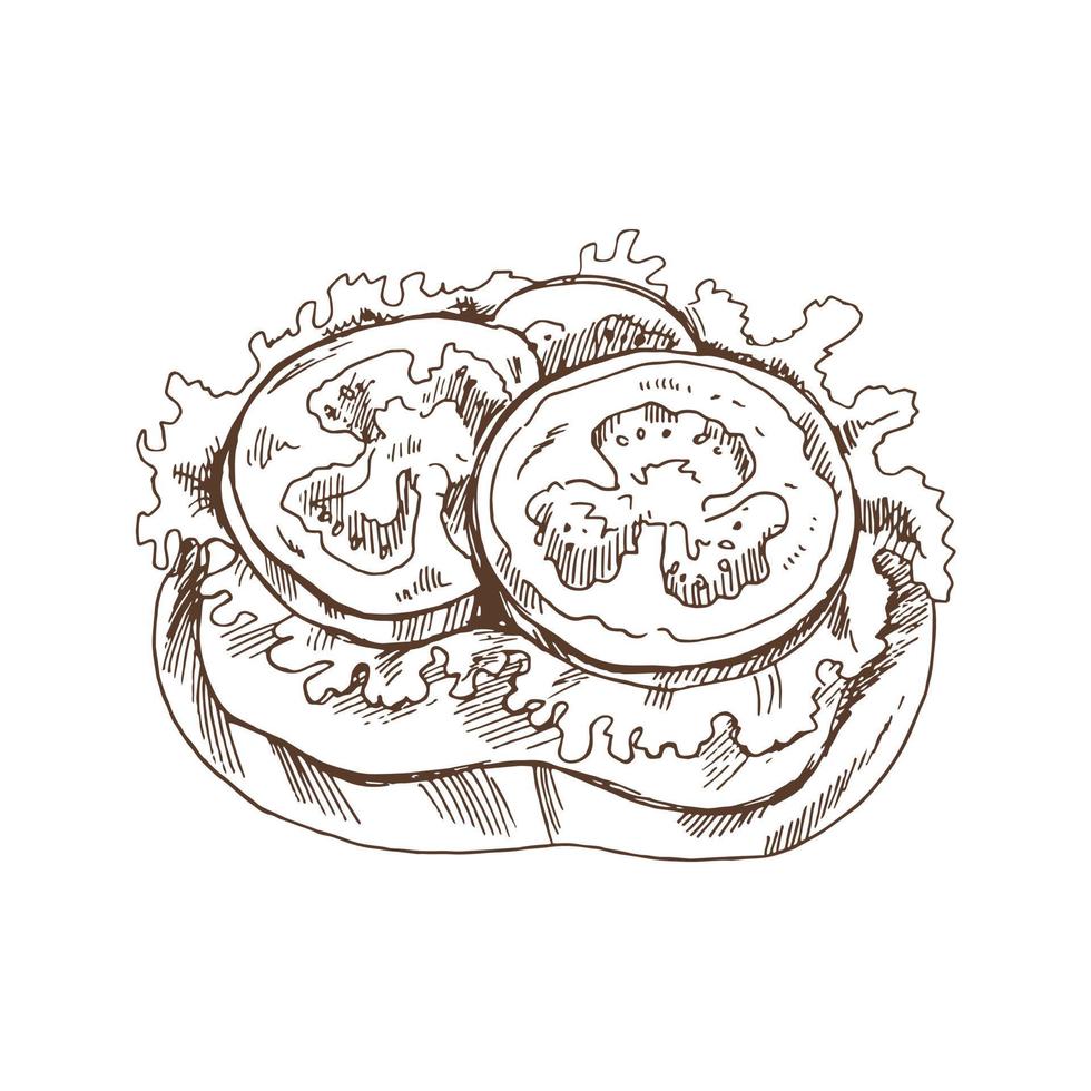 Hand drawn sketch of bruschetta with tomatoes and lettuce. Sandwich, toasted baguette, toast, slice of bread. Vector illustration.