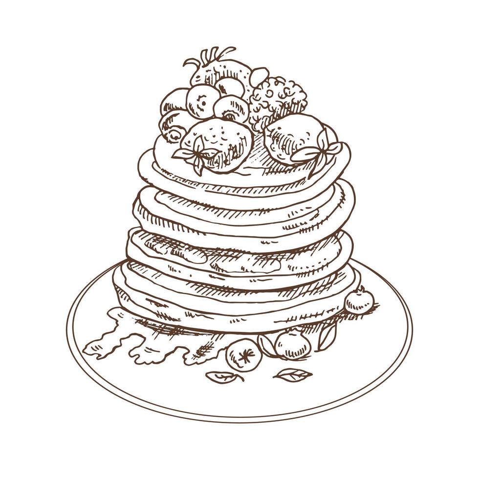 Vector vintage pancake drawing. Hand drawn monochrome food illustration. Sketch of Pancakes with berries and syrup. Great for poster, menu or label.