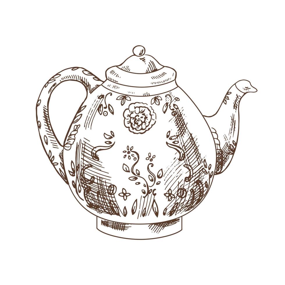Hand drawn sketch illustration. Vector monochrome vintage porcelain teapot. Suitable for postcard, calendar, holiday invitation, wrapping paper.