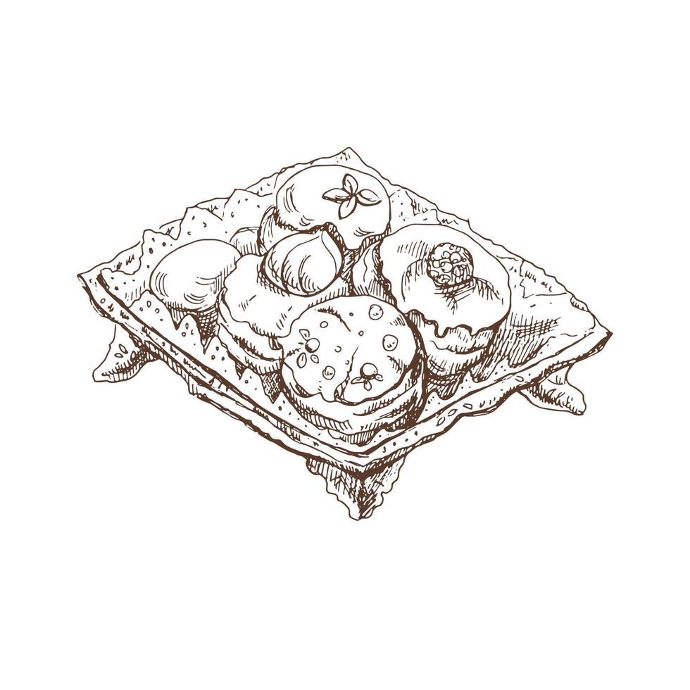 Hand drawn sketch of old vintage plate filled with a delicious cookie and cakes on a white background. Vector illustration. Food elements for menu design. Vintage breakfast.