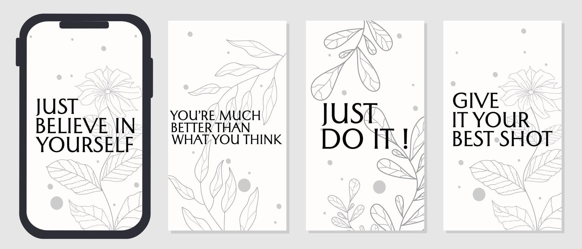 set of motivational quote templates for social media stories with leaf line art decoration. white post vector