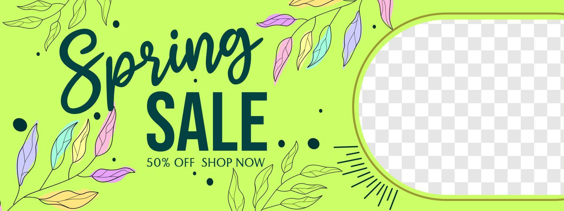 spring discount advertising banner cover. green color design with hand drawn leaf line art decoration vector