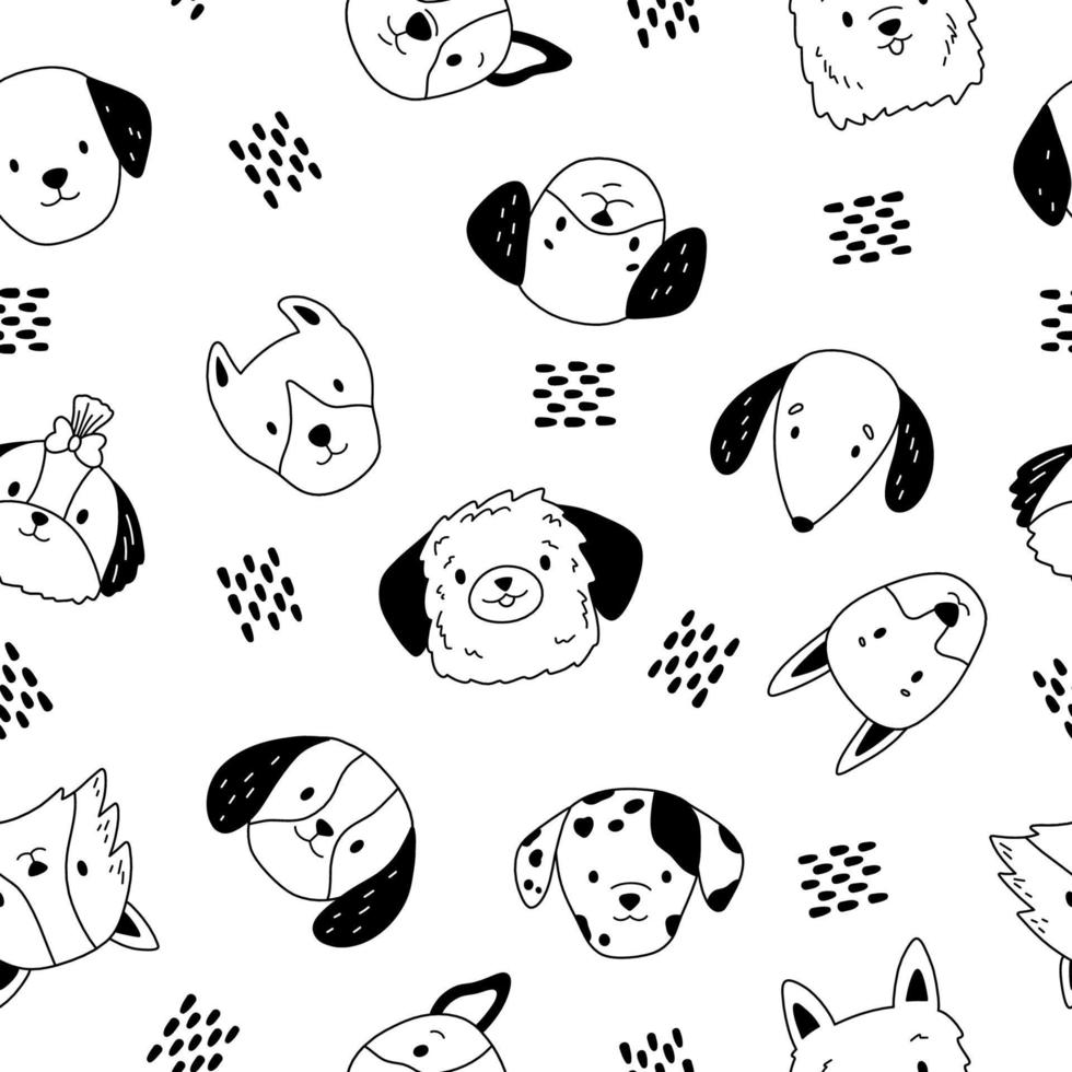 Black and white doodle dogs faces. Hand drawn dots. Cartoon puppies head. Different breeds of dogs. Vector illustration.