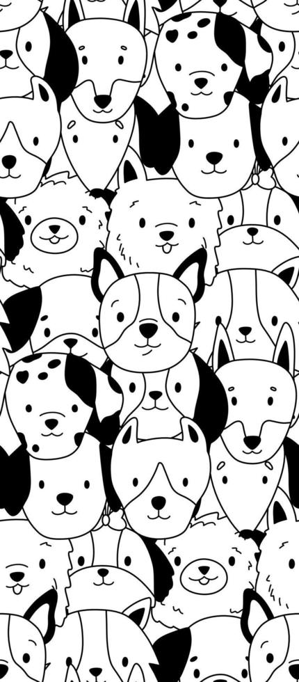 Cute dog faces. Doodle vector seamless pattern. Cartoon puppy. Black and white illustration.