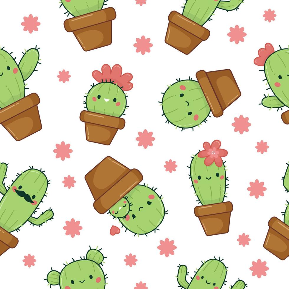 Seamless pattern with cute cactus in flowerpots on white background. Kawaii cartoon plants. Ideal for wallpaper, texture, wrapping paper and textile prints. Vector illustration.