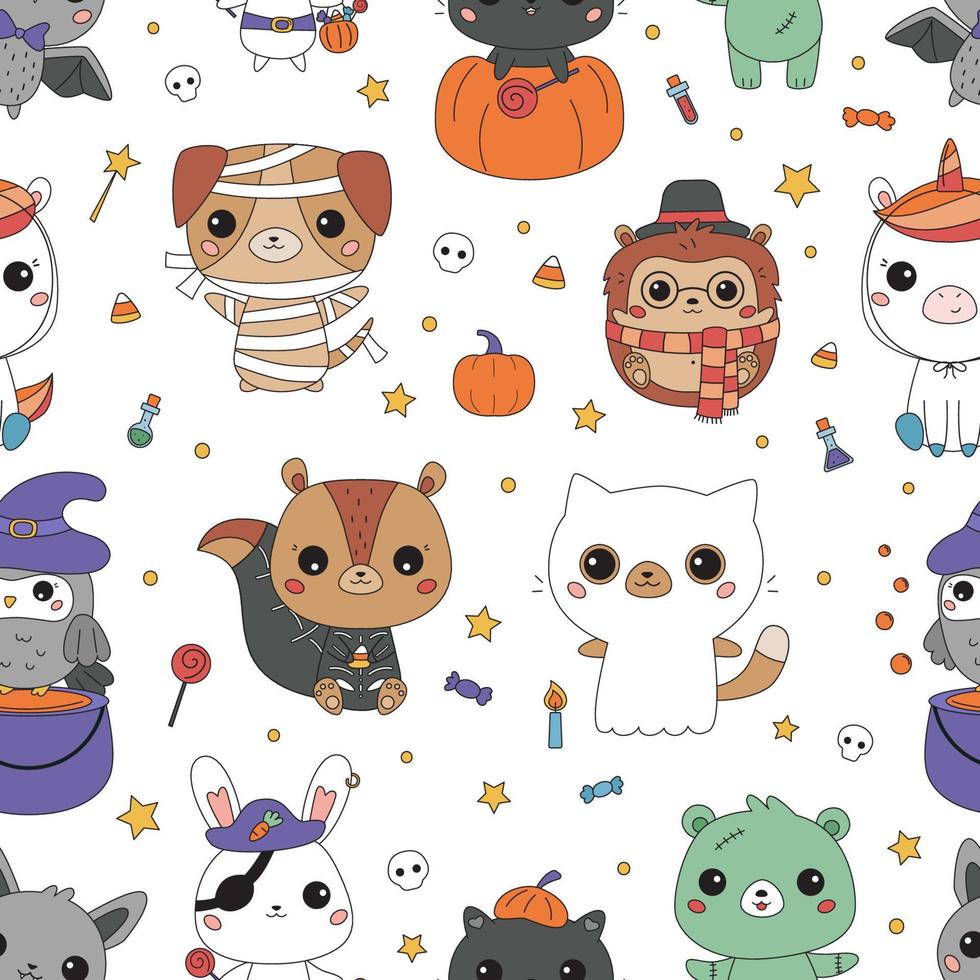 patrones sin fisuras de halloween con animales lindos en disfraces divertidos. animales de dibujos animados kawaii. ilustración vectorial vector