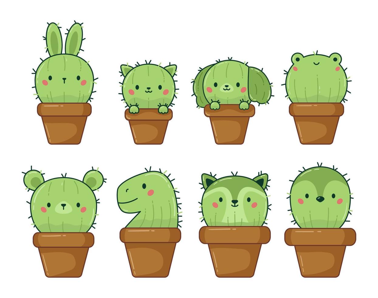 Vector illustration of set cute kawaii cactus in flowerpots. Cartoon doodle plants. Animal shaped cactus.