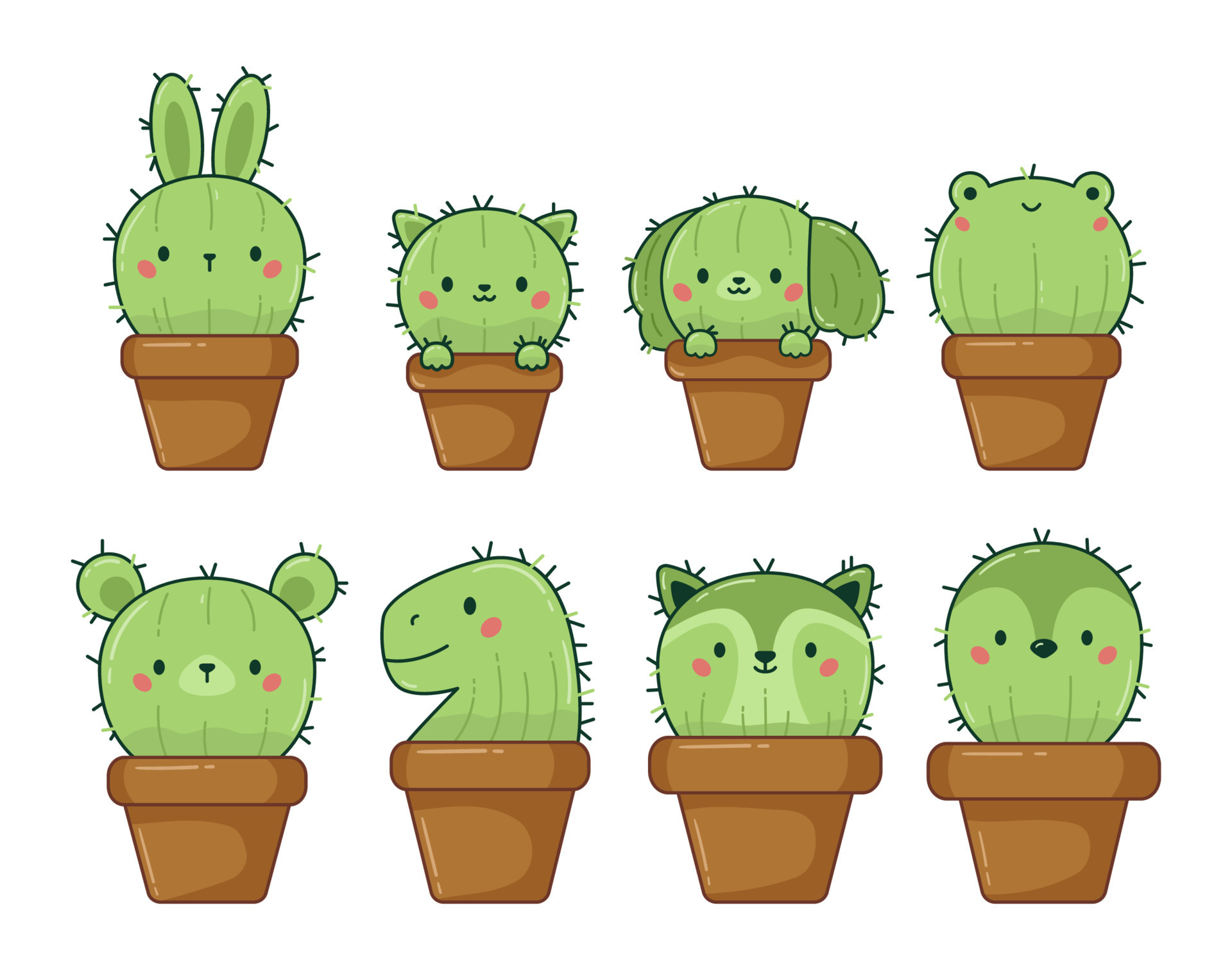 Vector Illustration Of Set Cute Kawaii Cactus In Flowerpots Cartoon