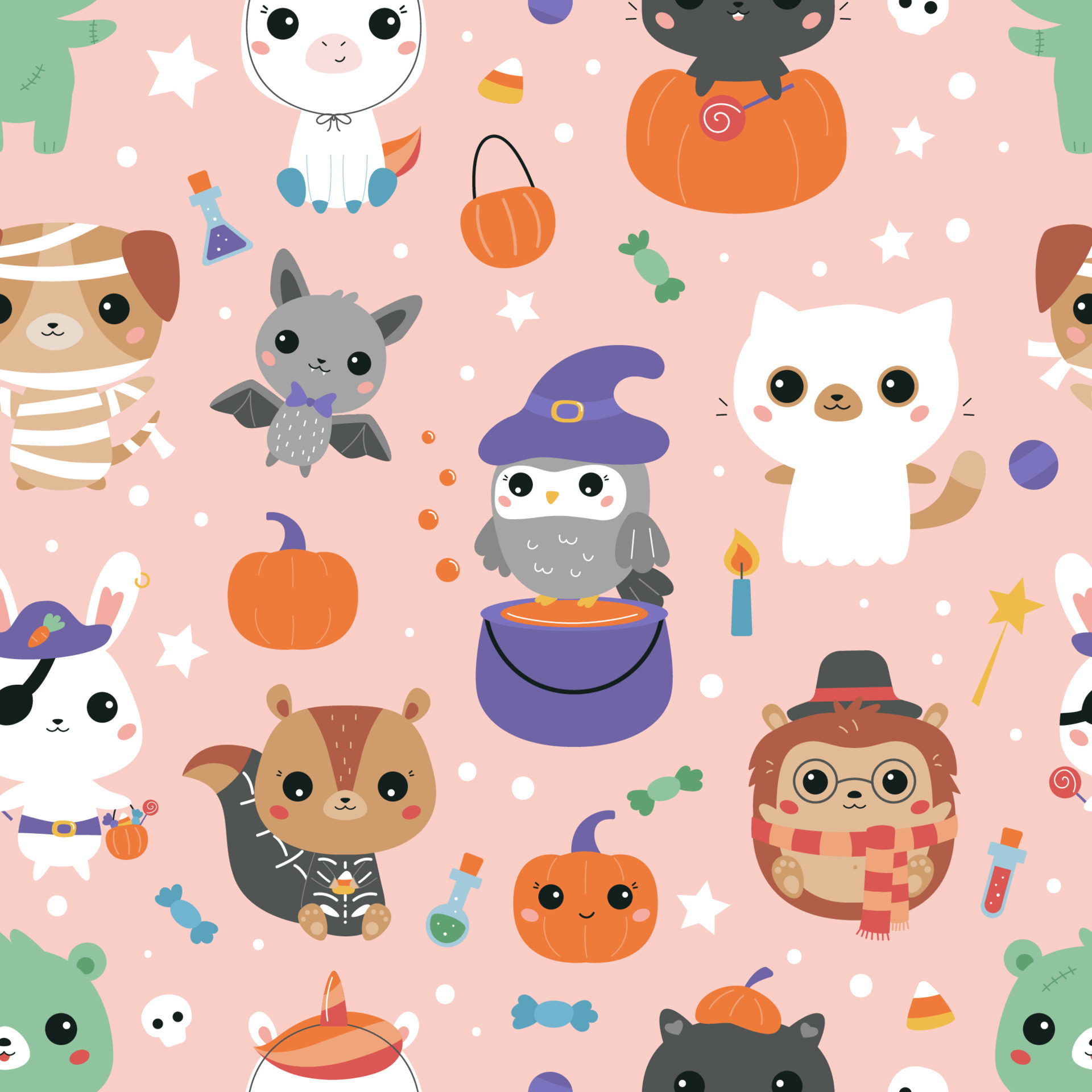 Halloween seamless pattern with cute kawaii animals in costumes. Funny cartoon characters - hedgehog, bear, bunny, cat, dog, owl, squirrel, pony and bat. Vector illustration. 10596380 Vector Art at Vecteezy Halloween seamless pattern with cute kawaii animals in costumes. Funny cartoon characters - hedgehog, bear, bunny, cat, dog, owl, squirrel, pony and bat. Vector illustration. 10596380 Vector Art at Vecteezy