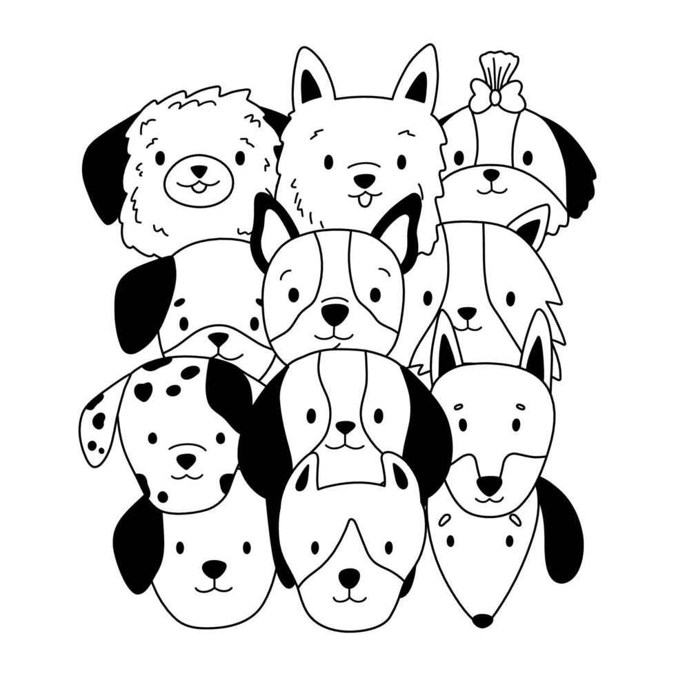 Doodle set of dogs faces. Cartoon animals. Different breeds of dogs. Hand drawn puppies heads. White and black vector illustration.