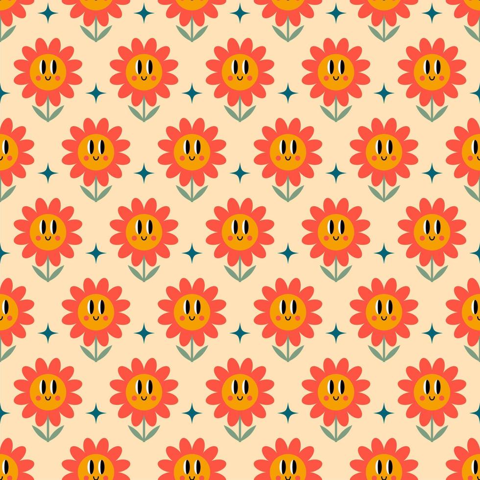 Seamless groovy pattern with retro cartoon flowers and stars. Retro 70s 60s hippie vector illustration on a beige background