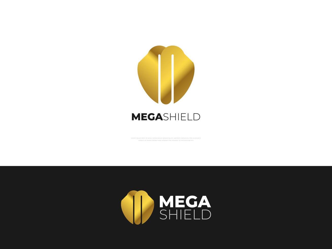 Golden Shield with Letter M Logo. Letter M Logo Design with Shield Concept vector