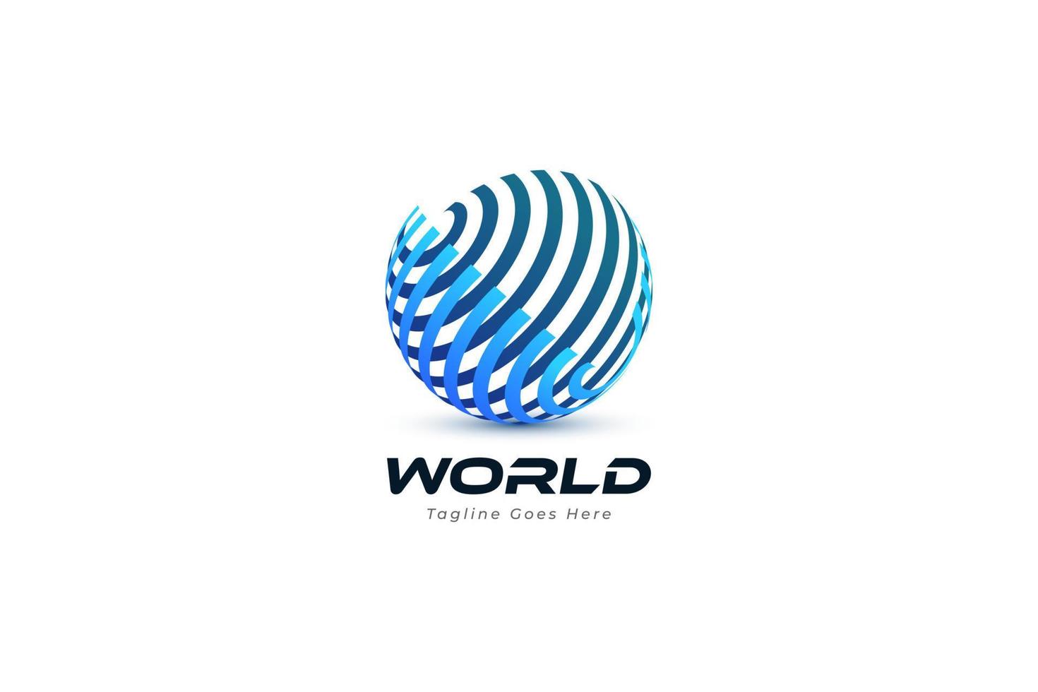 Logotipo del mundo azul 3d con concepto de estilo de línea. logotipo o icono de esfera a rayas, adecuado para logotipos de negocios, comunicación y tecnología vector