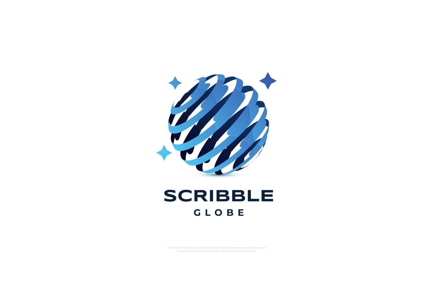 diseño de logotipo global de garabato azul. Adecuado para empresas globales, tecnología mundial, medios y agencias públicas. icono de globo con estrellas vector