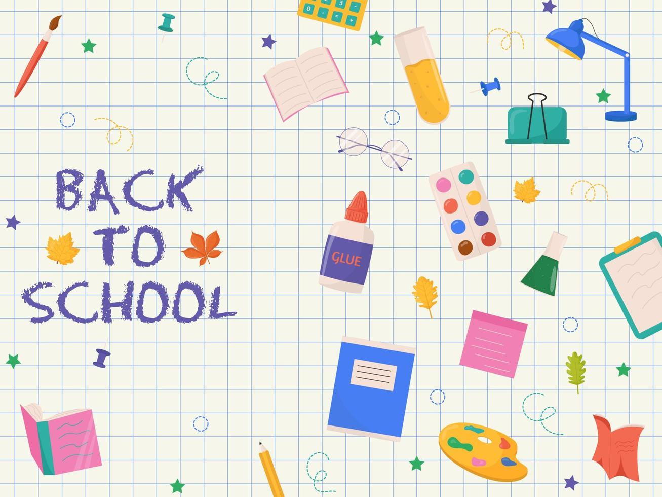 Back to school card with colorful school supplies. Colorful back to school templates for invitation, poster, banner, promotion, sale. School supplies cartoon illustration. vector