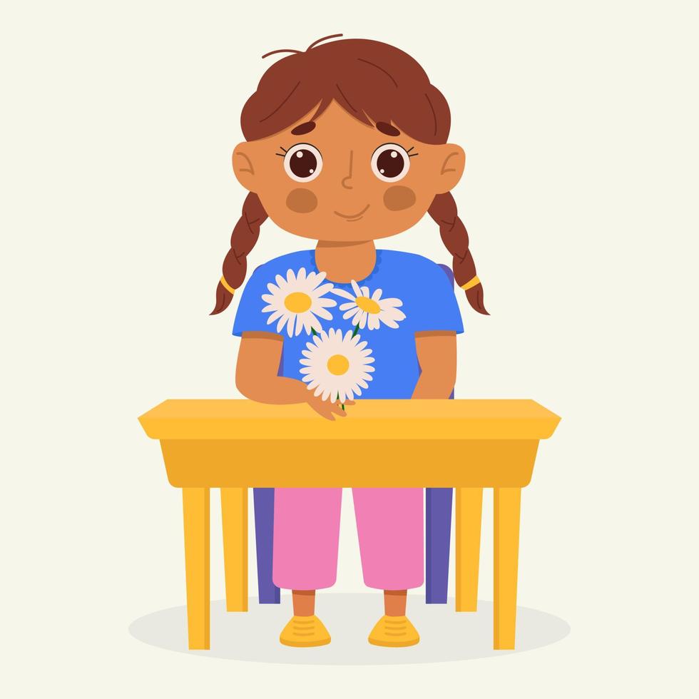 School kid with school supplies sitting at a school desk. Kid with backpack and book. Colorful cartoon character. Flat vector illustration.