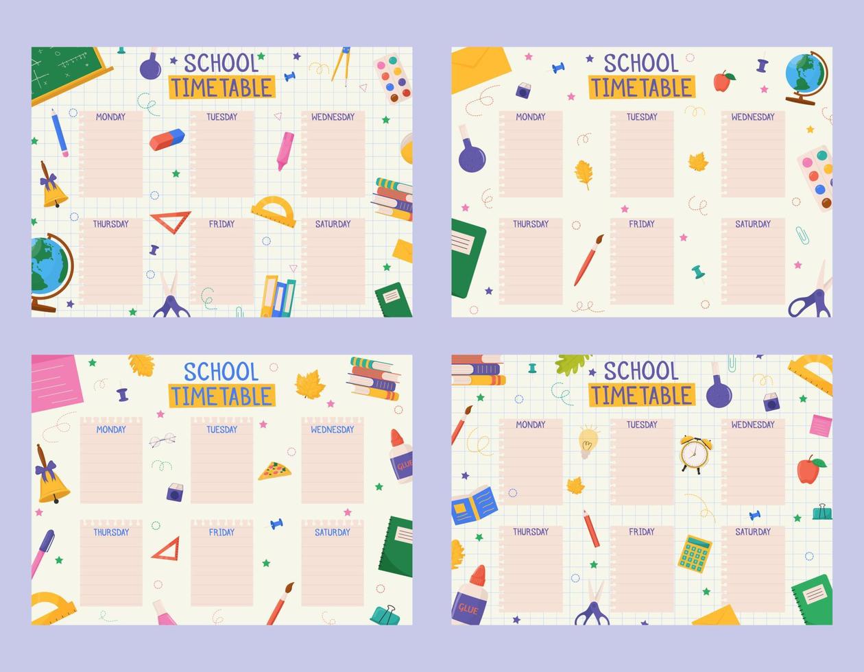 Set of cute childish school timetables, weekly classes schedule for kids with school supplies. Printable planner, diary for student. Stationery set for children. To Do List. vector